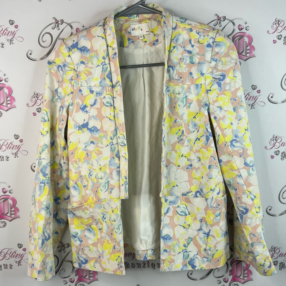 Elly M blazer flowers cardigan style pockets blue pink Pastel Floral Blazer